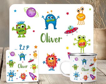 Personalised Monster Dining Set, Custom Alien Enamel Mug, Bespoke Space Coaster