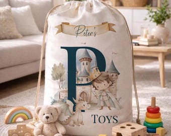 Saco de armazenamento de brinquedos personalizado do Reino Mágico, saco de brinquedos infantil em lona de linho.