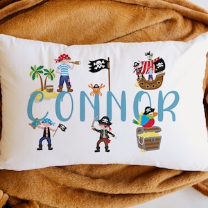 Taie d'oreiller imprimée avec nom personnalisé pour enfants, thème pirate, taie d'oreiller imprimée, idée cadeau d'anniversaire, cadeau de Noël