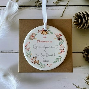 Personalised Grandparent First Holiday Bauble, Custom Character Wreath Ornament, Tree Keepsake