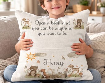Personalised Woodland Friends Pocket Pillow Cushion, Kids Reading Nook Decor, Nursery Book Cushion