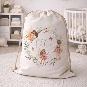 Personalised Fairy Wreath Toy Sack, Large Linen Nursery Storage Bag