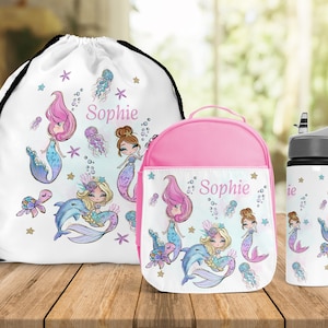Back To School Lunch Bag Matching Water Bottle Girls Personalised Lunch Bag Mermaid Girls School Insulated Kids Lunch Box