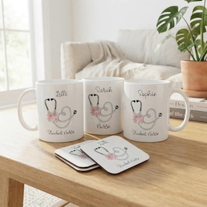 Personalised Floral Stethoscope Coffee Cup, Custom Medical Worker Mug, Bespoke Hospital Coaster Set