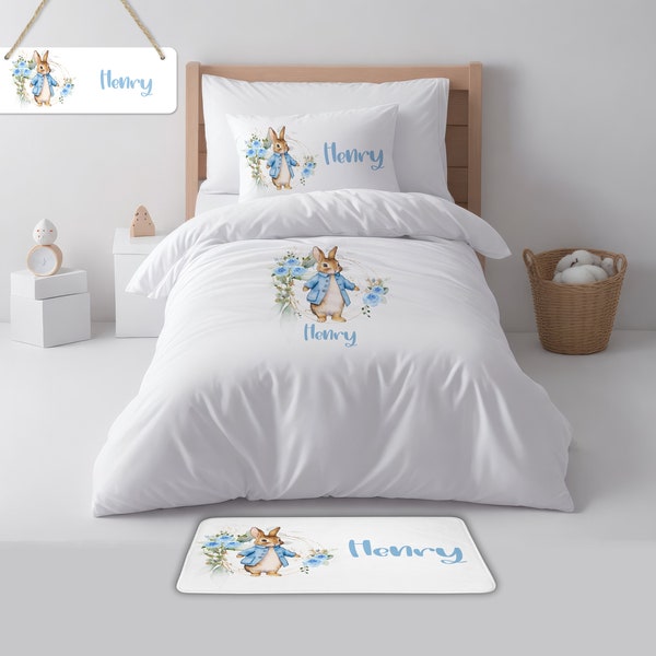 Personalised  Blue Rabbit Kids/Toddler Single Duvet Cover Set, Pillow case, toddler bedding, Toddler Bedding  Blue Rabbit Bedding