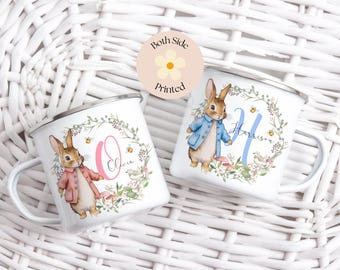 Personalised Woodland Rabbit Mug, Custom Kids Enamel Cup, Bespoke Bunny Flask