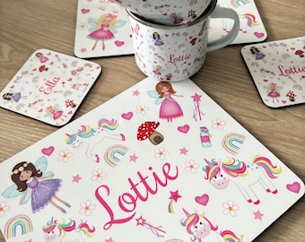 Kids Personalised Wooden Glossy Placemat and Coaster Fairy Printed  Placemat and  Coaster Add Your own Name Birthday Gift Idea