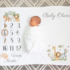 Personalised Baby Milestone Blanket  Safari Animals Printed  Blanket Baby shower Gift Set Nursery room décor Milestone Blanket