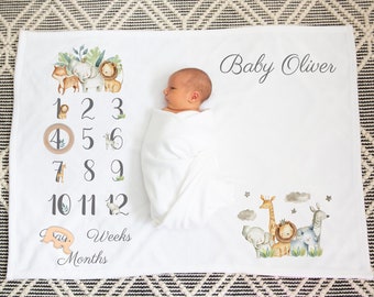 Personalised Baby Milestone Blanket  Safari Animals Printed  Blanket Baby shower Gift Set Nursery room décor Milestone Blanket