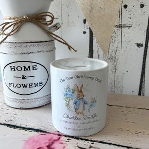 Personalised  Christening Money Box - Blue Rabbit Christening Keepsake Gift