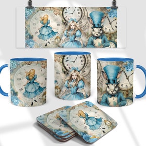 Alice in Wonderland Mug and Coaster Set, Whimsical Tea Coffee Cup