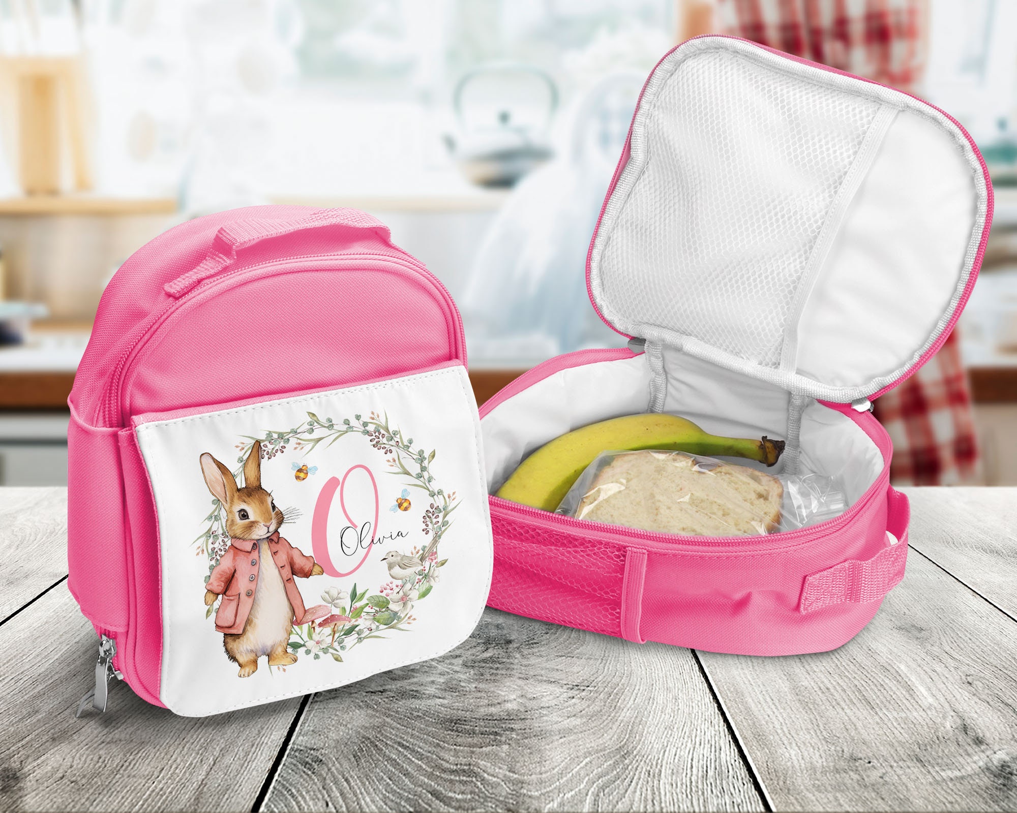 Back To School Pink Rabbit Lunch Bag Water Bottle Girls Personalised Lunch Bag Pink Bunny Girls School Insulated Kids Lunch Box