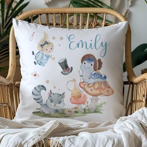 Coussin personnalisé Alice au pays des merveilles pour fille, oreiller personnalisé pour chambre d&#39;enfant, cadeau de shower de bébé, cadeau d&#39;anniversaire, cadeau de Noël, literie
