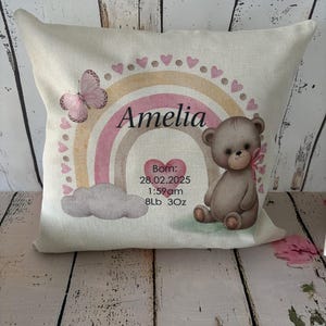 Gepersonaliseerde geboorteaankondiging kinderkamerkussenhoes Gepersonaliseerde knuffelbeer knuffelkussen, nieuw babycadeau, kraamcadeau