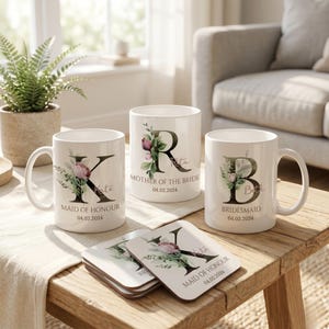 Personalised Floral Initial Mug, Bridesmaid Bridal Party Coaster Set