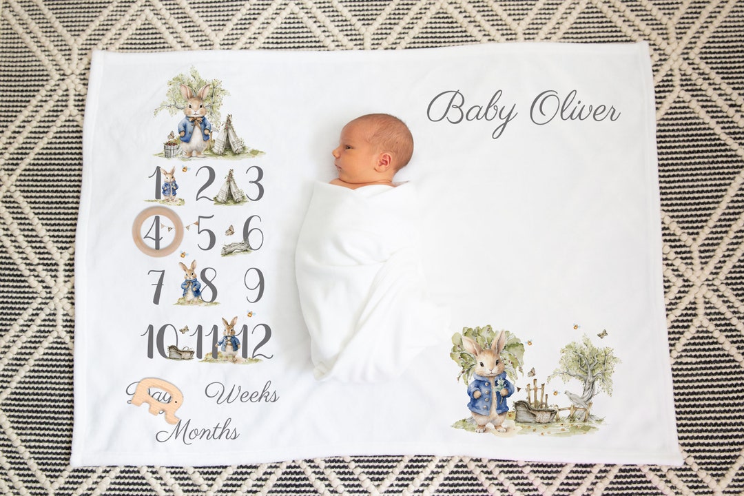 Personalised Blue Rabbit Baby Milestone Blanket Blue Rabbit Baby