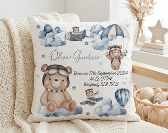 Personalised Teddy Bear Birth Cushion, Watercolour Nursery Pillow, Custom Baby Stats Keepsake