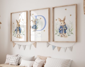 Personalised Blue Rabbit Nursery Wall Art, Custom Name Baby Boy Bedroom Decor Print