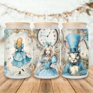 Alice in Wonderland Tumbler: Frosted Glass Coffee Cup with Bamboo Lid