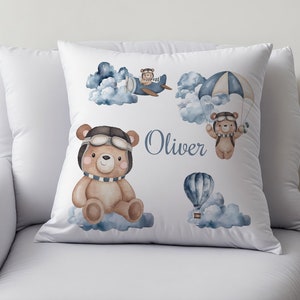 Gepersonaliseerde vliegenier teddybeer bedrukt gepersonaliseerde naamkussenhoes Gepersonaliseerde babycadeau Kinderkamerdecoratie Cadeau kraamcadeau