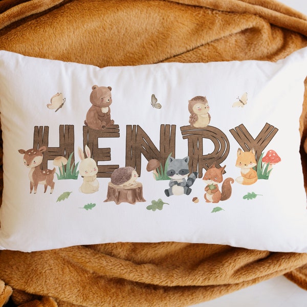 Kids Personalised Name Printed Pillow Case Woodland Animals Printed Pillow case Birthday Gift Idea Christmas Gift