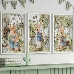 Set di 3 stampe per la cameretta dei bambini Blue Rabbit, poster personalizzati per la cameretta dei bambini, stampe artistiche da parete, stampe artistiche di conigli, regalo per baby shower