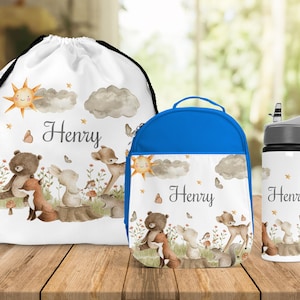 Kids Back To School Lunch Bag Matching Water Bottle Personalised Lunch Bag Woodland Animals  Kids School Insulated Kids Lunch Box
