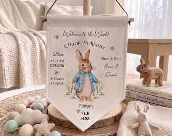Personalised Blue Rabbit Birth Announcement Linen Banner