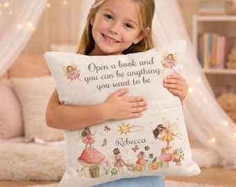 Personalised Fairy Reading Cushion, Magical Book Pocket Pillow Gift
