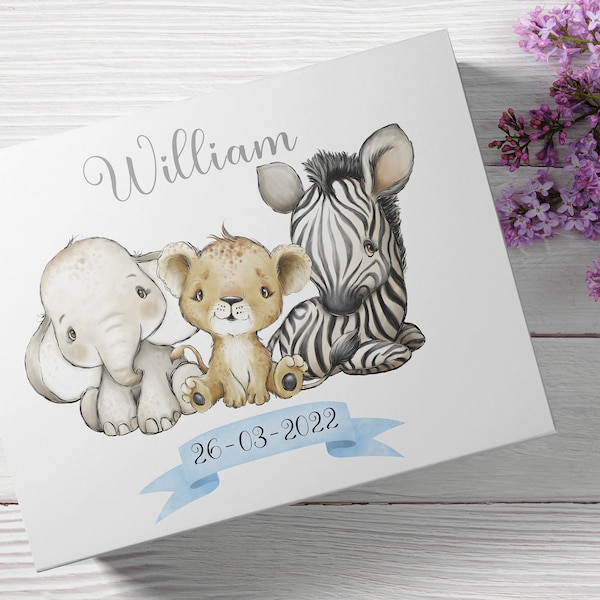 Personalised Medium Size Baby Boy birth stats Keepsake / Memory  / New baby /Gift box Baby Shower Gift Boxes Safari Jungle Animals