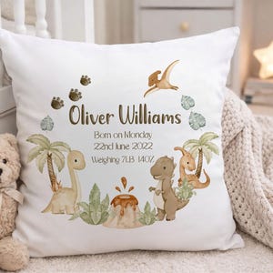Personalised Dinosaur Baby Cushion, Custom Birth Details Keepsake, Neutral Nursery Decor