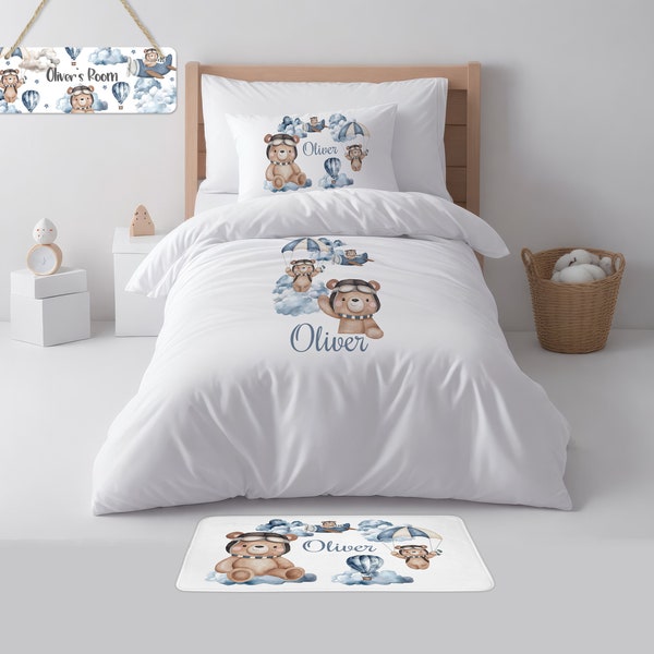 Personalised Aviator Teddy Printed Kids/Toddler Single Duvet Cover Set, Pillow case, toddler bedding, Toddler Bedding Aviator Teddy Bedding