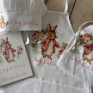 Pink Rabbit Personalised Kids Baking Set, Children&#39;s Kit, Apron, Bag ,Children Recipe book, Stocking Filler, Christmas Gift