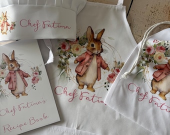 Pink Rabbit Personalised Kids Baking Set, Children&#39;s Kit, Apron, Bag ,Children Recipe book, Stocking Filler, Christmas Gift
