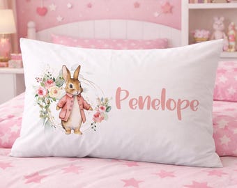 Personalised Girls Pink Bunny Pillow Case, Custom Name Pillowcase, Kids Bedroom Decor