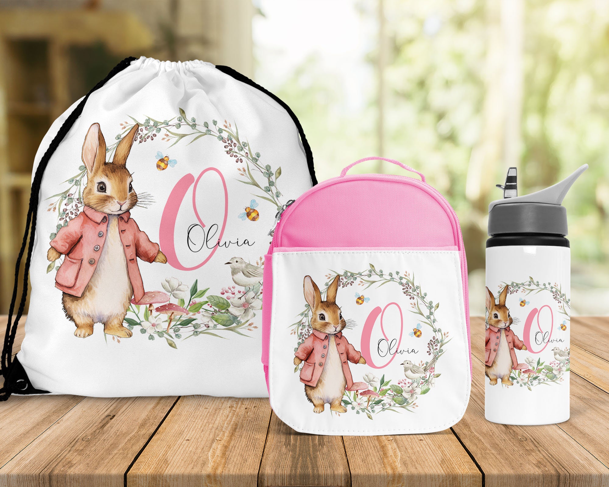 Back To School Pink Rabbit Lunch Bag Water Bottle Girls Personalised Lunch Bag Pink Bunny Girls School Insulated Kids Lunch Box