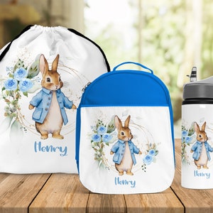 Sac à lunch bleu lapin pour la rentrée des classes, bouteille d'eau, fille, sac à lunch personnalisé, lapin bleu, garçons, école, boîte à lunch isolée pour enfants