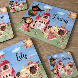 Ensemble de salle à manger princesse personnalisé, lot de tasses sous-verre pour enfants