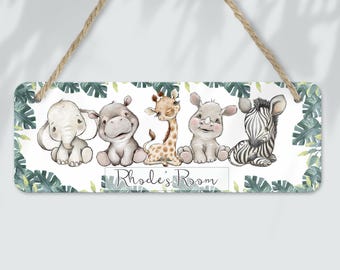 Personalised Safari Jungle  Door Sign, Kids Bedroom Sign Nursery Kids Room Name plate  Birthday Gift Hanging Plaque Name Sign Door Hanger