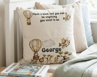 Personalised Safari Book Cushion, Custom Jungle Reading Pillow, Boys Adventure Pocket Decor