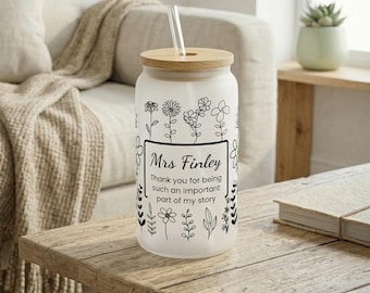 Copo térmico personalizado de vidro fosco, caneca com estampa de flores silvestres para professores, com tampa de bambu.