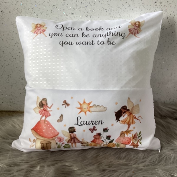 Girls Personalised Fairy Pocket Pillow Cushion Cover Reading Pillow Gift Book Pillow Fairy Book Pillow Fairy Pocket Cushion Nursery Pillow
