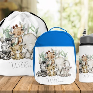 Kids Back To School Lunch Bag Matching Water Bottle Personalised Lunch Bag Safari Jungle Animals  Kids School Insulated Kids Lunch Box