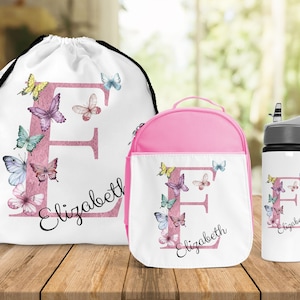 Sac à lunch personnalisé avec nom papillon pour fille, bouteille d'eau, sac à lunch personnalisé, cartable pour fille, boîte à lunch isolée pour la rentrée des classes