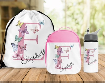 Spersonalizowana torba na lunch i butelka na wodę w kształcie motyla – zestaw szkolny dla dziewcząt