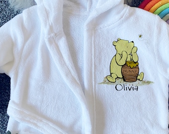 Personalised Pooh Bear Printed Baby dressing gown, toddler bath robe, kids bath towel, Birthday gift, Baby shower gift, Christmas gift