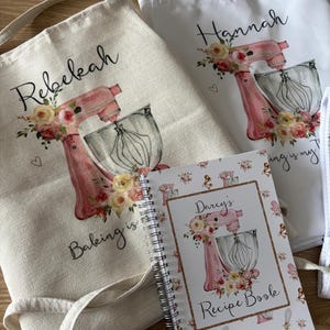 Personalised Apron, Watercolor Pink Baking Gift, Pink Mixer Cooking Apron Gift, Gift for Her, Custom Made, Baking Hamper Gift Set