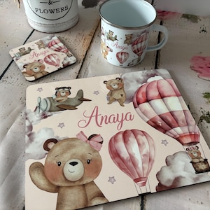 Personalised Pink Bear Dining Set, Custom Girls Enamel Cup, Balloon Coaster Mat