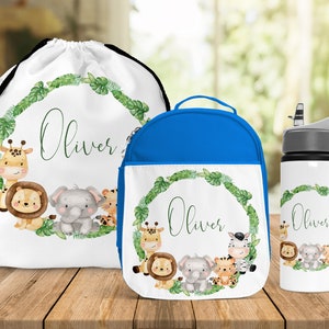 Sac à lunch pour la rentrée des classes pour enfants Bouteille d'eau assortie Sac à lunch personnalisé Safari animaux de la jungle Boîte à lunch pour enfants isolée pour école