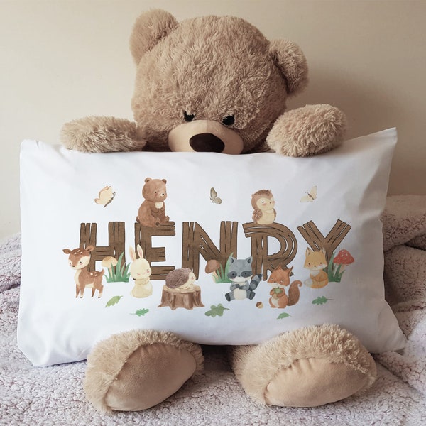 Kids Personalised Name Printed Pillow Case Woodland Animals Printed Pillow case Birthday Gift Idea Christmas Gift